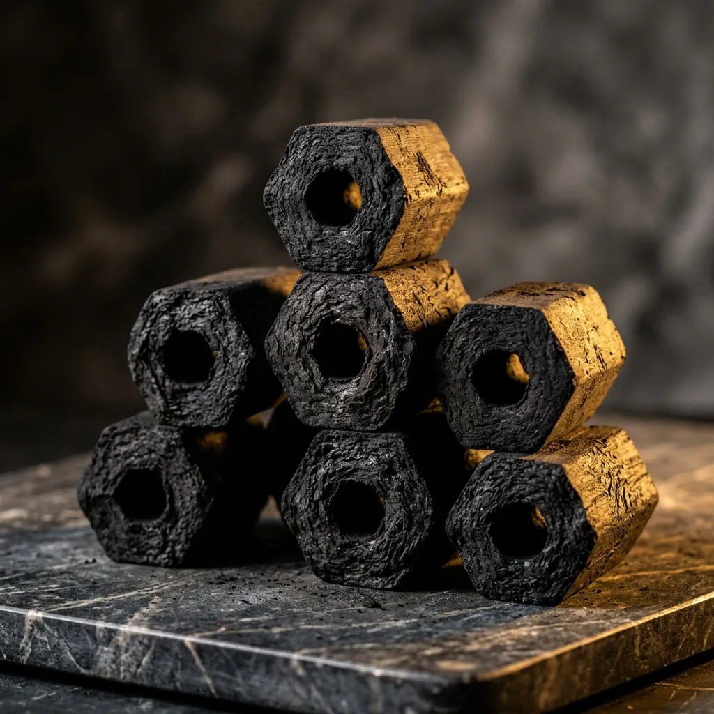 Hexagonal coconut charcoal briquettes with a centre hole